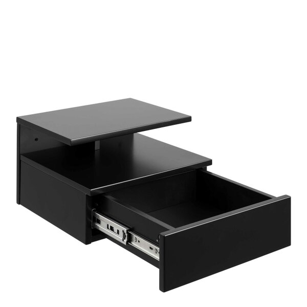 Wyld Haus Lincoln Black Wooden Floating Bedside Table 1 Drawer Open Shelf
