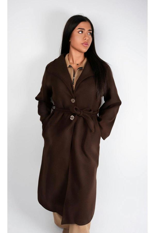 Marelle Belted Longline Coat With Button Detail - Brown