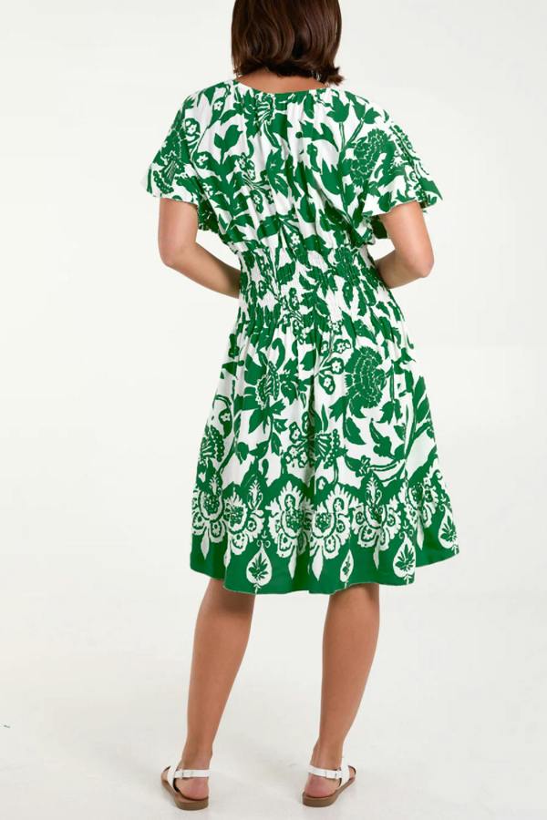 Hoxton Gal Oversized Floral V-Neck Boho Style Smocked Mini Dress