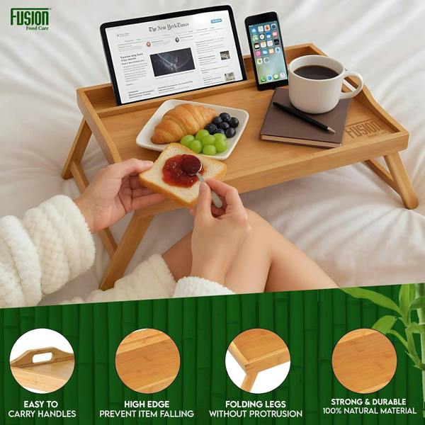 Fusion Food Care Bed Tray Table with Folding Legs – Organic Bamboo & MD Built-in Side Handles Lap Tray for Eating, Reading & Working