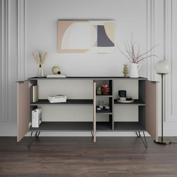 Decortie Clara Sideboard Cabinet Modern Storage Shelves Hairpin Legs 142cm