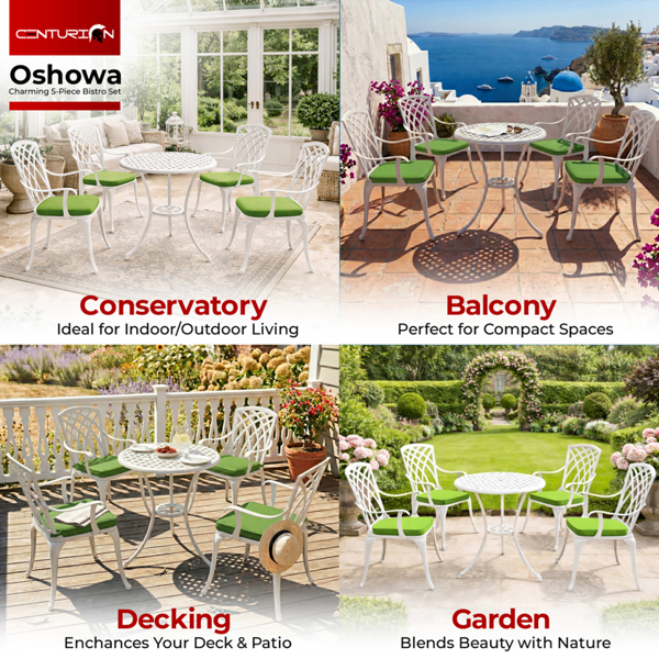 Centurion Supports OSHOWA Luxurious Garden and Patio Table and 4 Large Chairs with Armrests Cast Aluminium Bistro Set - White with Green Cushions