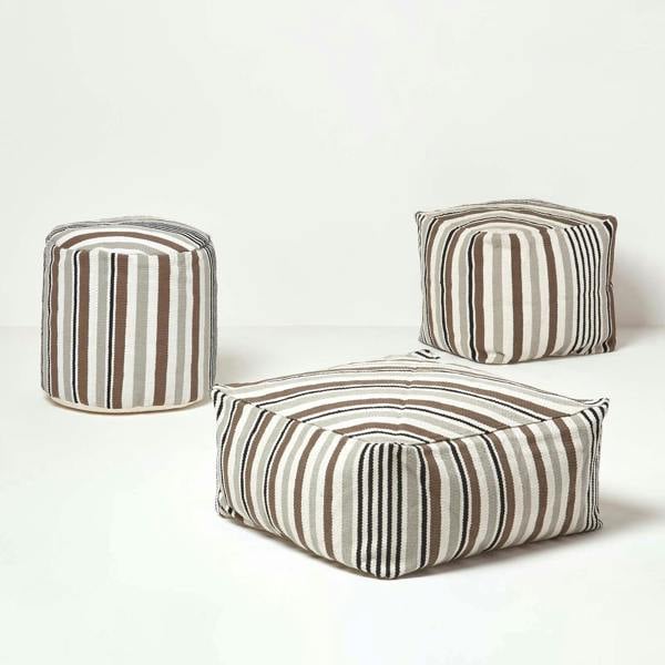 HOMESCAPES Grey, Black and White Stripe Bean Filled Pouffe