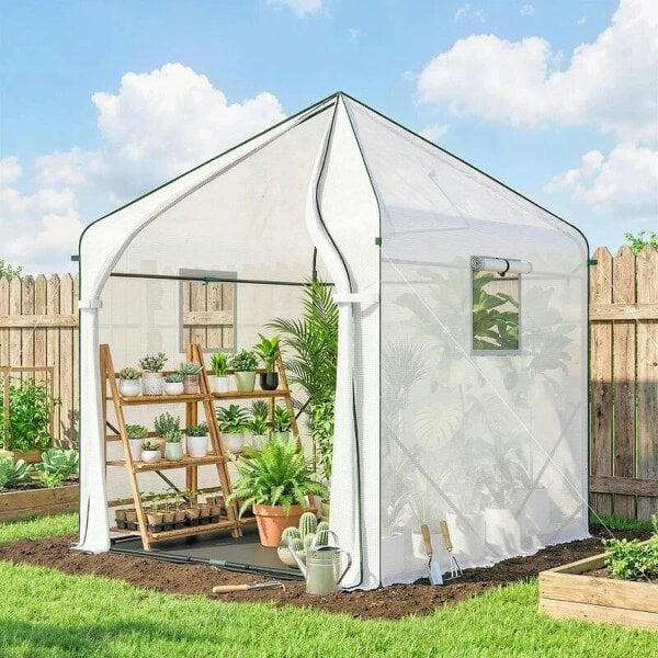 Bobobiy Walk-in Greenhouse for Outdoors with Steel Frame, Large Plant House with Roll-up Door and PE Ground Cover, White - White