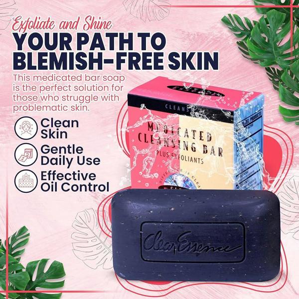 Clear Essence Medicated Cleansing Bar Plus Exfoliates is a powerful soap that gently cleanses, exfoliates, and brightens the skin.
