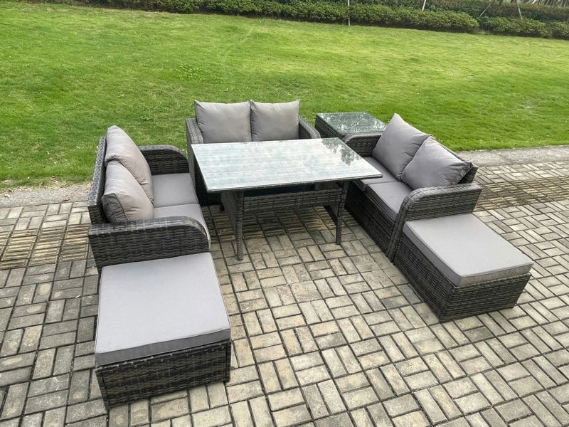 Fimous Outdoor Rattan Garden Furniture Lounge Sofa Set With Oblong Rectangular Dining Table 2 Big Footstool Side Table