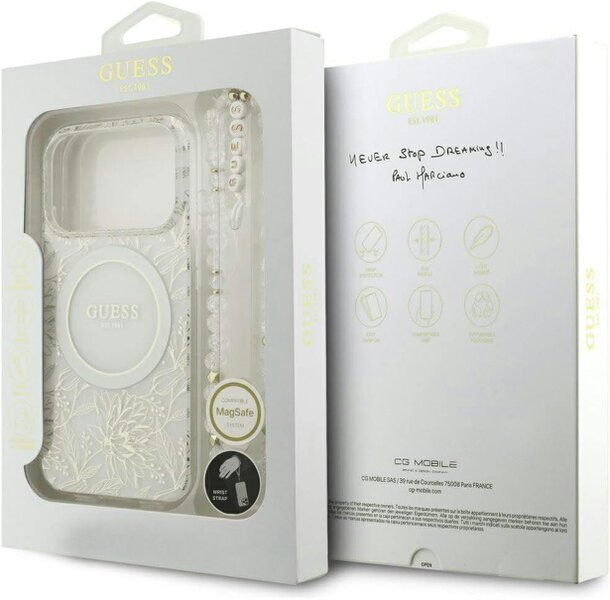 Guess IML Flowers Electro Pearl Strap MagSafe Case for iPhone 17/18 Pro 6.3" White - GUHMP18LHCPOFPH