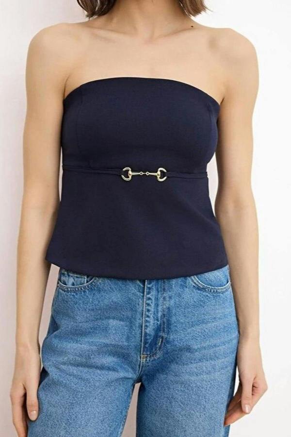 WOVCOR Strapless Fitted Woven Blouse with Thin Belt Detail