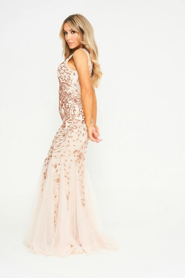 LuvForever Ember - Champagne Mesh Sequin Maxi Dress