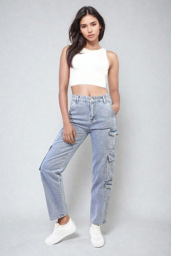 Regina Multi Flap Pockets Cargo Jeans - Denim