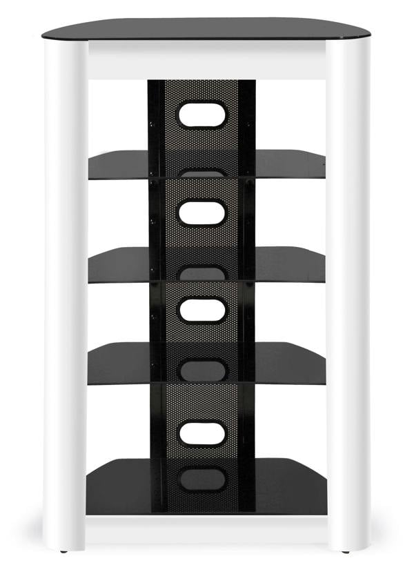 Homeology ZINNIA 5-Tier Entertainment Media Stand Black Glass Shelves & White Facia Audio Rack Stylish Home Theater Storage