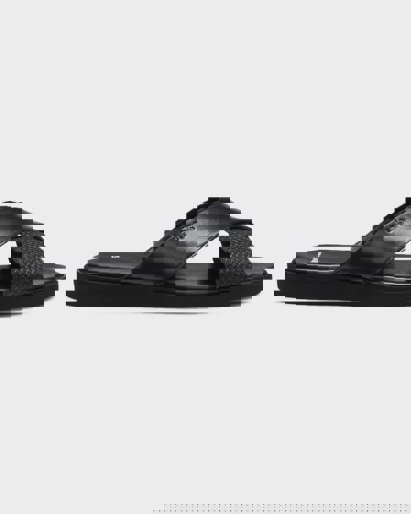 BOSS Orange Darrel Mens Faux-Leather Slides with Plain and Patterned Straps  - Black 001