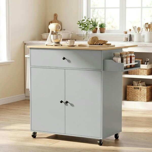 Kitchen Island with Drop Leaf, Rolling Kitchen Storage Trolley on Wheels with Drawer, Spice Rack and Towel Rack, Grey