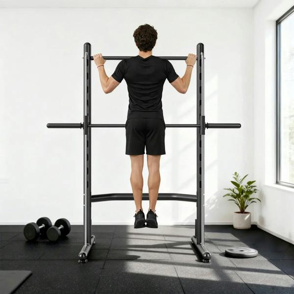 Black adjustable squat rack with pull-up bar for upper-body bar holds at home