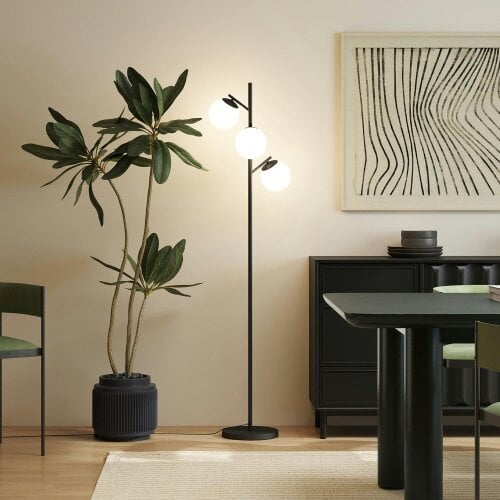 Wyld Haus Dorizi Metal Black 3 Light Tree Floor Lamp With Globe Shades And Steel Base