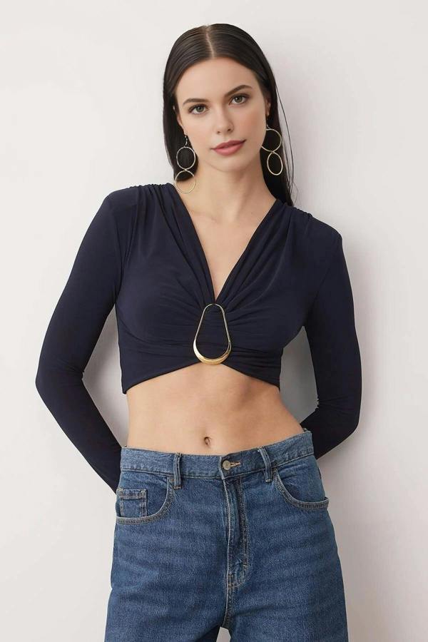 WOVCOR Buckle Detail V-Neck Knit Party Blouse