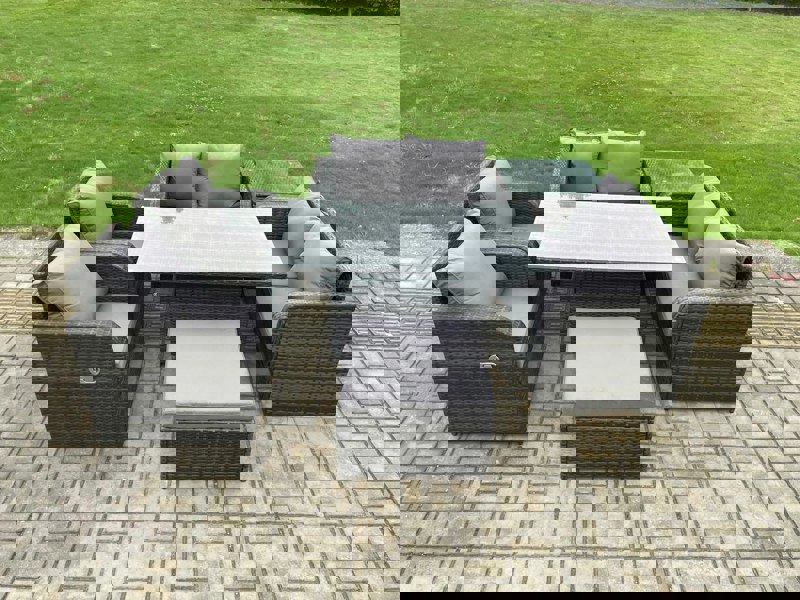 Fimous Rattan Furniture Outdoor Garden Dining Set Patio Height Adjustable Rising lifting Table Love Sofa Chair With Side Table Big Footstool