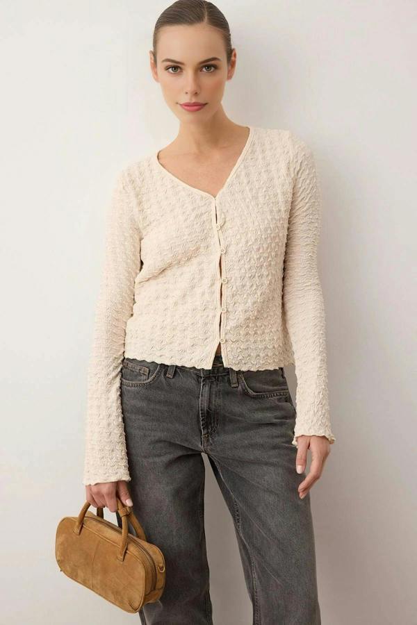 WOVCOR Textured Long Sleeve Stretchy Knit Blouse with Button Detail