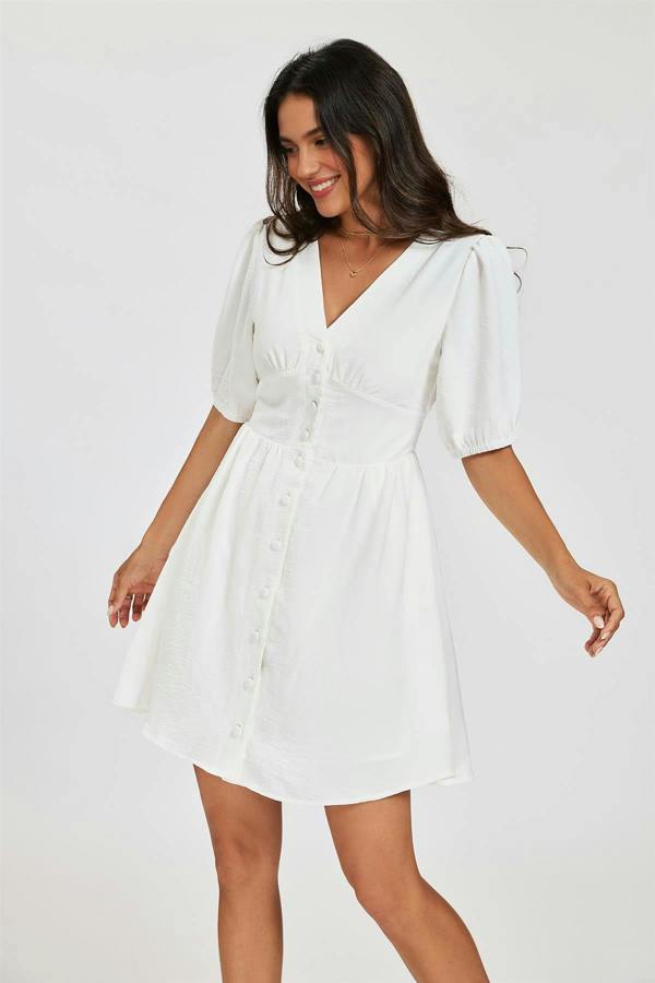 FS Collection Puff Sleeve Button Down Mini Dress In White