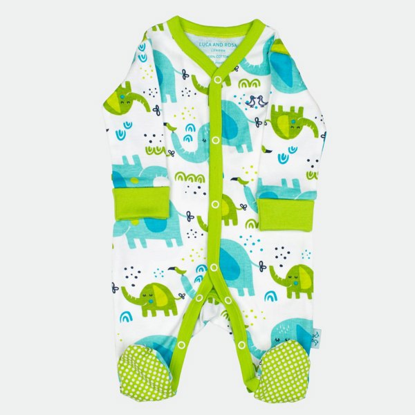 Luca and Rosa Little Elephant Print Boys Sleepsuit