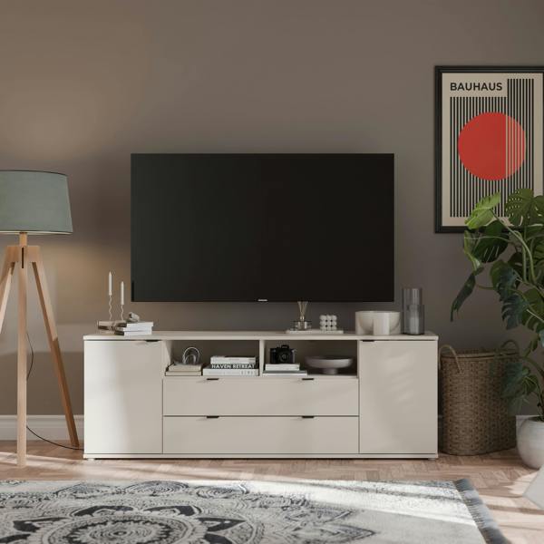 Furniture To Go Ganymede Wide TV Unit with Open Shelving, 2 Drawers & 2 Doors in Sand