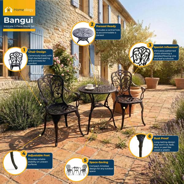 Homeology BANGUI Black Garden and Patio Table and 2 Large Chairs with Armrests Cast Aluminium Bistro Set
