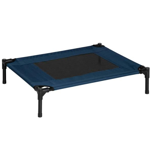Blue elevated pet cot dog bed with black mesh insert and tubular legs