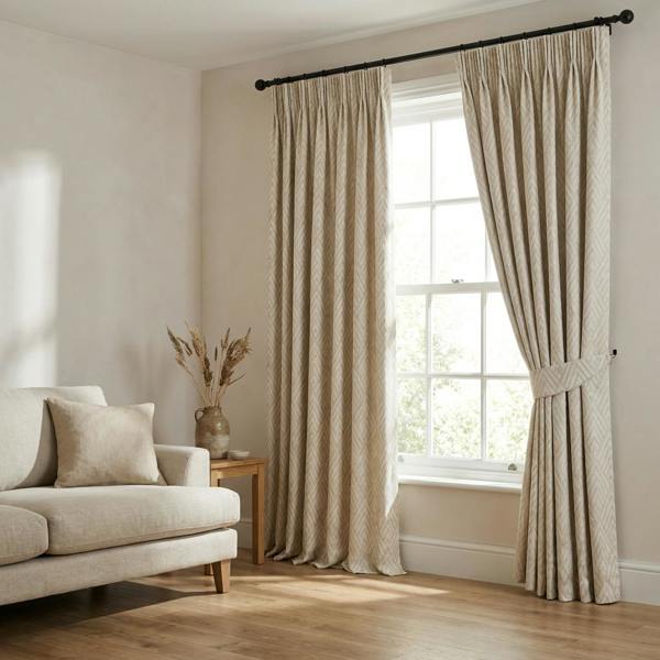 Asana made-to-measure curtains in Natural, styled in a living room