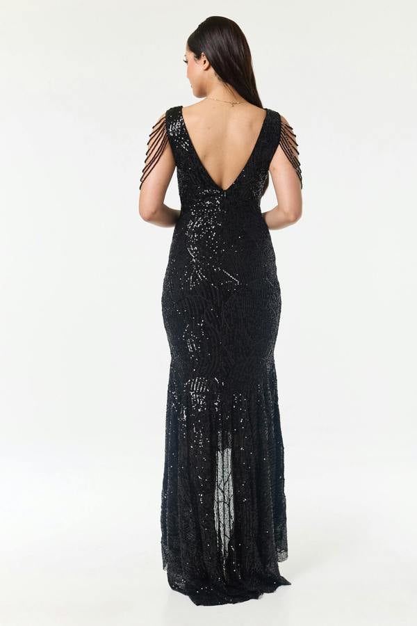 LuvForever Black Jewelled Hi-Lo Sequin Dress