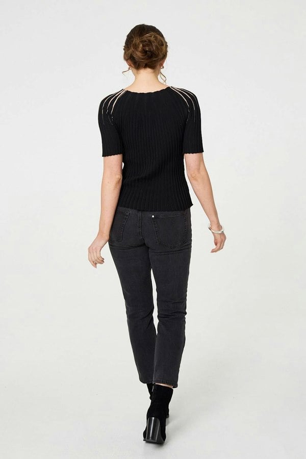 Black | Sequin Embellished Short Sleeve Knit Top
