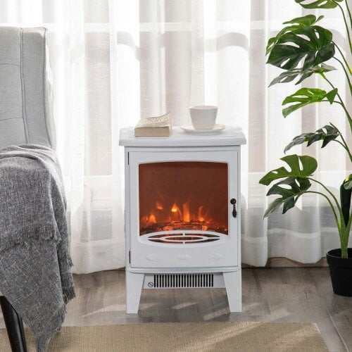 Bobobiy Electric Fireplace Stove, Freestanding Fireplace Heater with Realistic LED Flame Effect and Adjustable Brightness, 900W/1800W, White