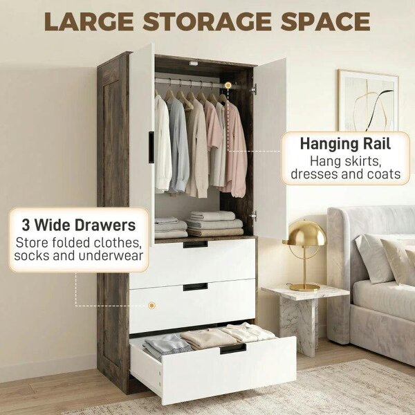 Modern Clothes Storage Cupboard Unit, 3 Drawer 2 Door Wardrobe with Hanging Rod, Rustic Brown