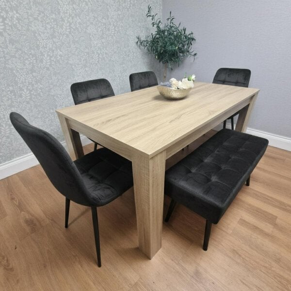 Kosy Koala Modern Oak Table with 4 Black Velvet Chairs and a Black Velvet Benche Dining Room Set
