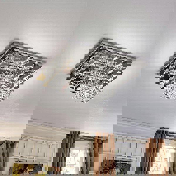 Double Layer Chrome Finished Square LED Ceiling Light with Luxury Crystal Ball Drops Ceiling Lights Living and Home 