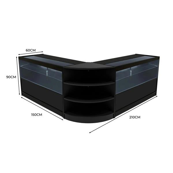 Black Andromeda LED Shop Counter Set featuring sleek glass displays, curved design, and ample storage, measuring 210cm x 150cm x 90cm