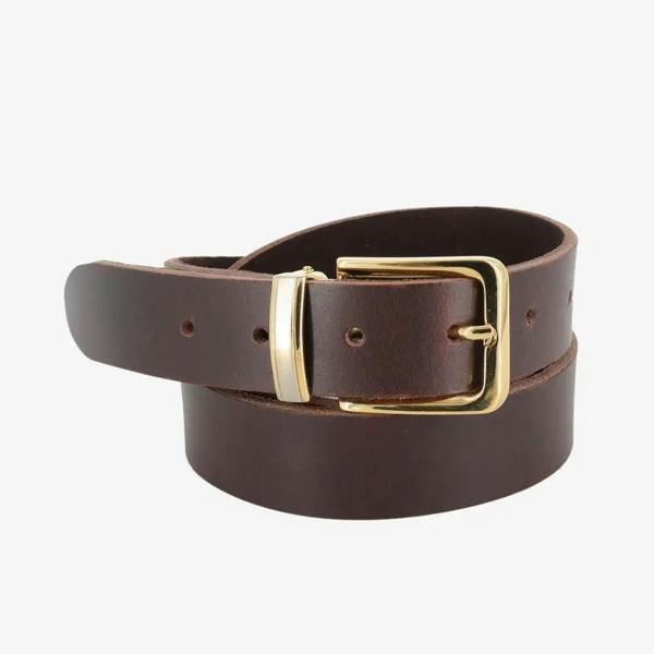 Brown leather belt with a gold buckle on a white background