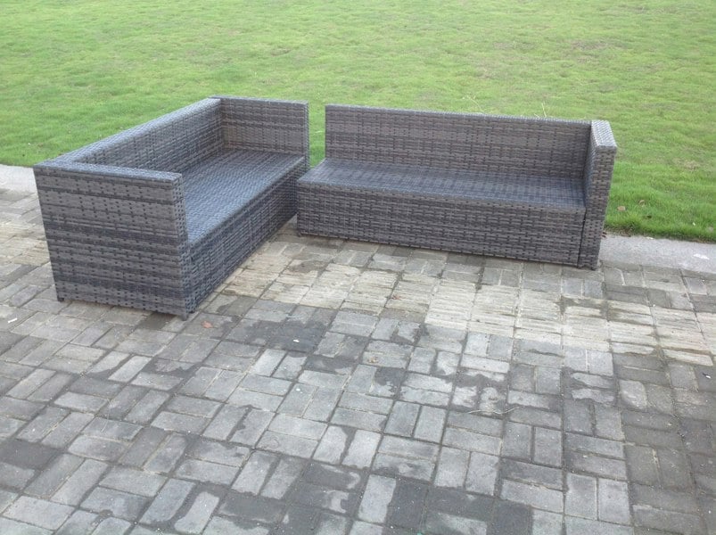 Fimous Dark Grey Mixed Rattan Garden Furniture Corner Sofa Set Oblong Coffee Table Chair Footstools