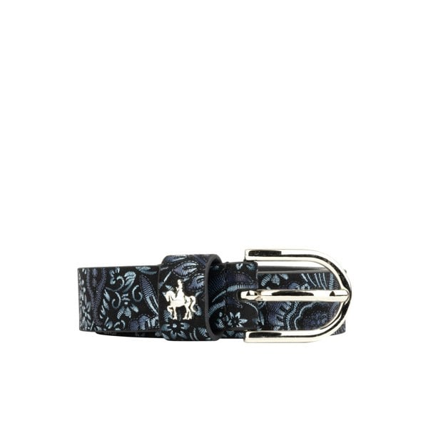 Embassy London Poppy - Blue Feathers - Women's Italian leather belt in black and blue pattern
