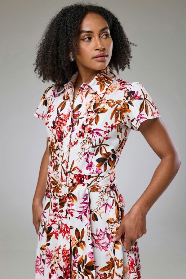 Isha's Timeless collection Blooming Pink Flora Short Sleeve Shirt Dress