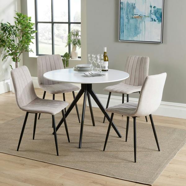 Core Products Aspen Dining Set - White Round Table & 4 Upholstered Straight Stitch Dining Chairs