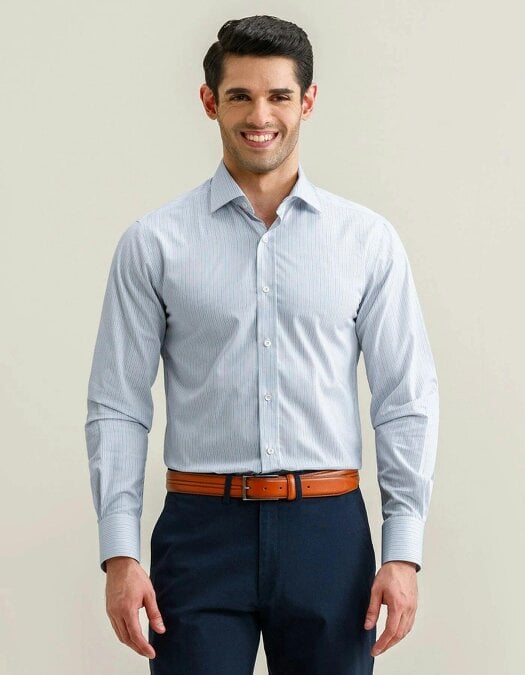 Men's Striped Cotton Dress Shirt – Blue and Mustard