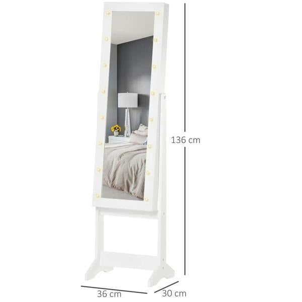 White freestanding LED mirrored jewelry cabinet, shown with side width and height dimensions