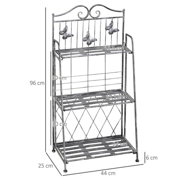 Silver metal 3-tier plant stand with decorative butterfly top rail and visible size measurements