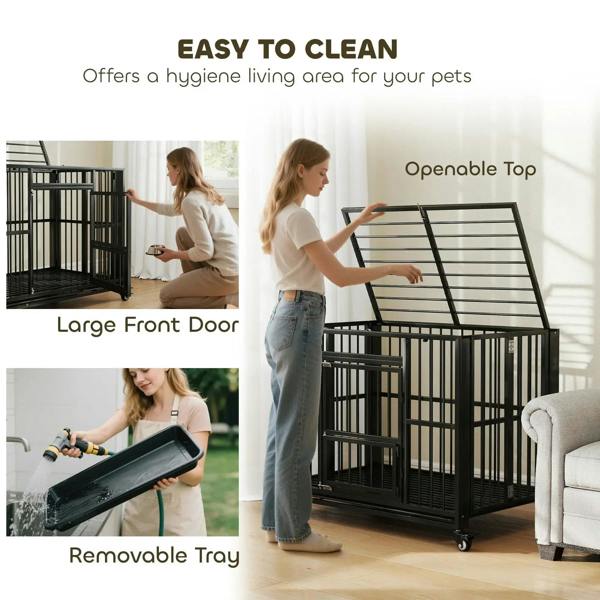 Black foldable dog crate with openable top and removable tray, caster wheels