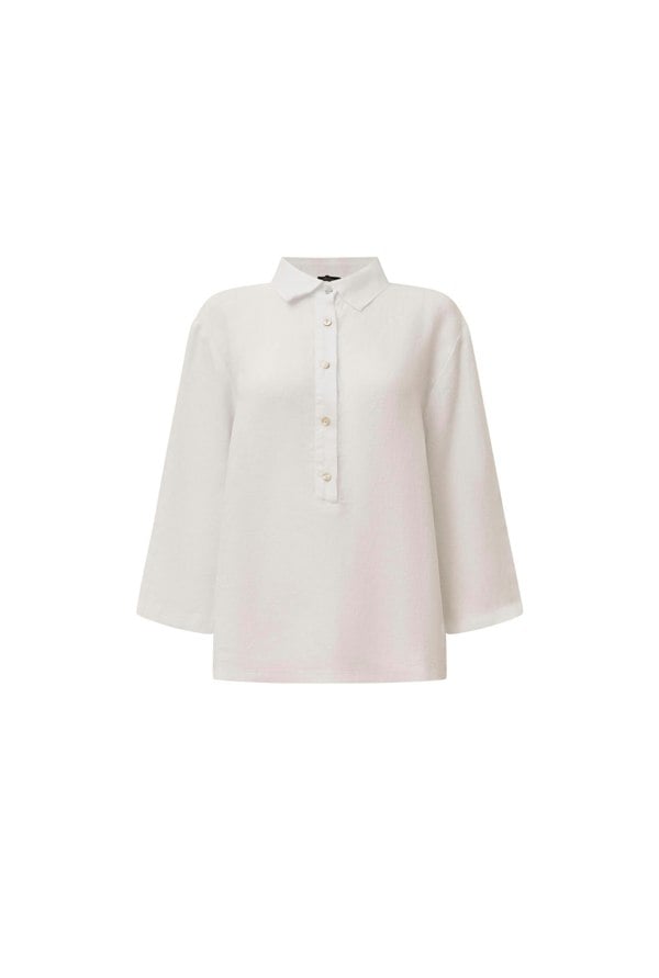 White linen blouse with button front and roll tabs