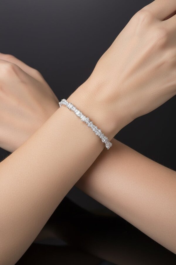 Latelita Baguette Ice Cuff Bangle Silver White