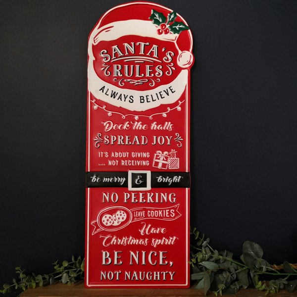 Samuel Alexander 68cm Indoor Outdoor Red Metal Santa's Rules Sign Hanging Christmas Decoration