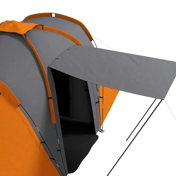 Orange and gray tunnel tent doorway with gray awning and mesh door panel