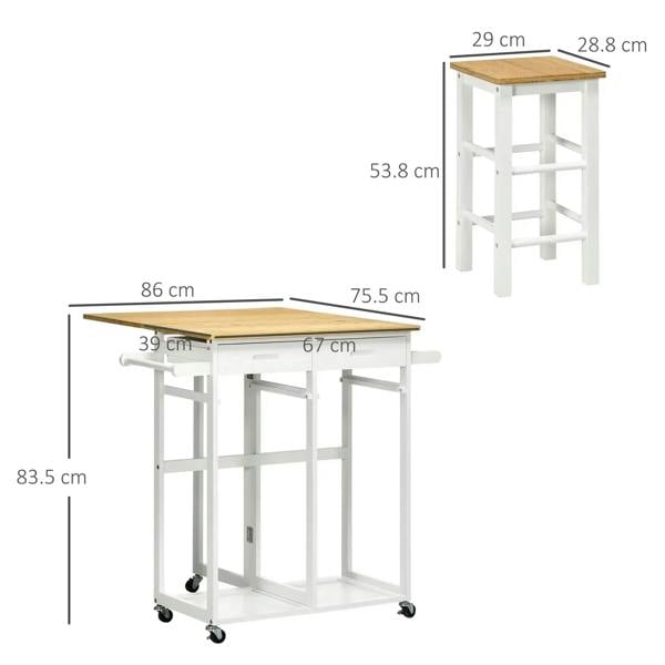 White kitchen island cart and two stools with bamboo tops size diagram