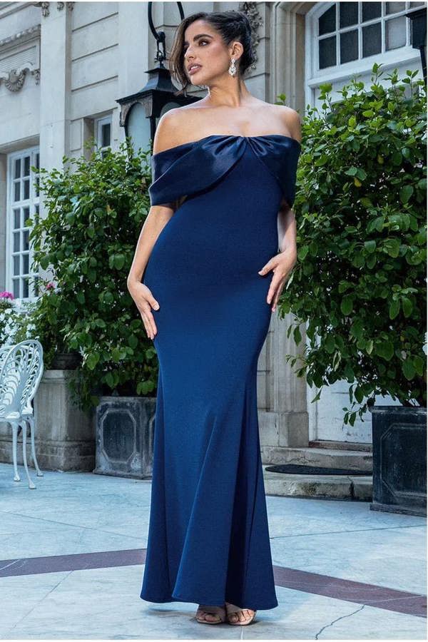 Twist Knot Satin & Scuba Bardot Maxi Dress - Navy Blue DR4575